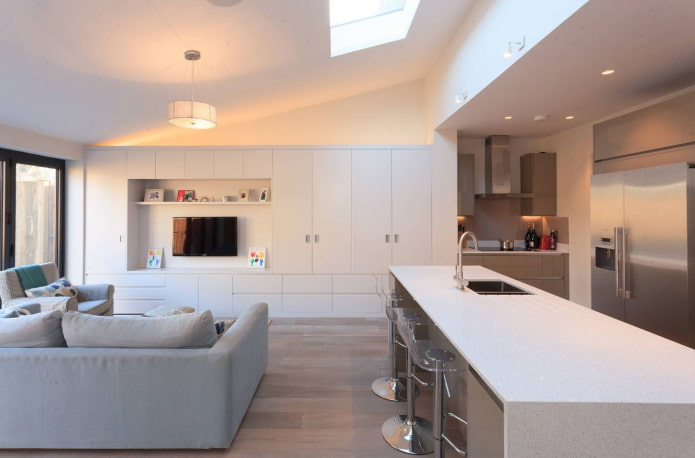 island in the interior of the kitchen-living room