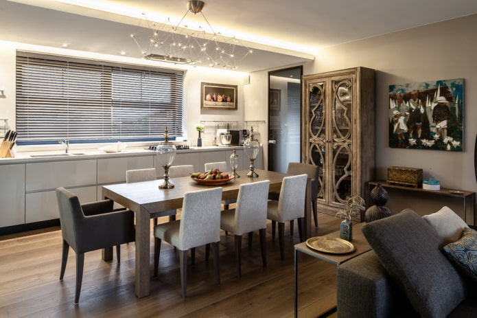 furnishings in the interior of the combined rooms