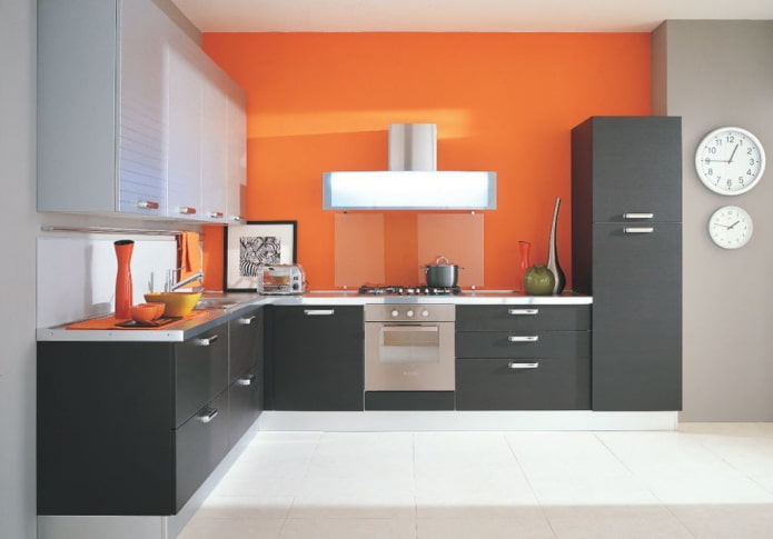 kitchen interior in gray-orange colors kitchen interior in gray-orange colors