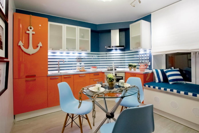 kitchen interior in orange and blue tones kitchen interior in orange and blue tones