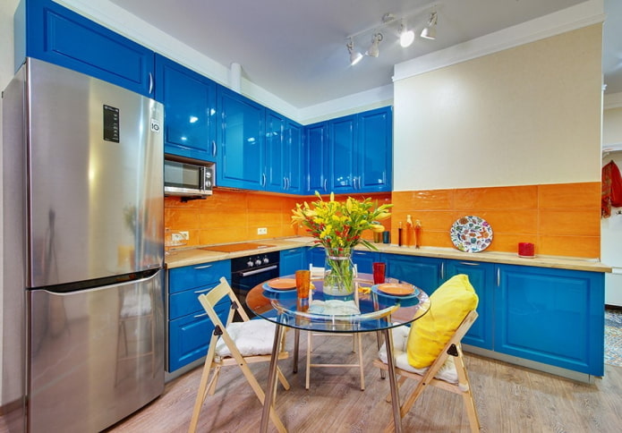 kitchen interior in orange and blue tones kitchen interior in orange and blue tones