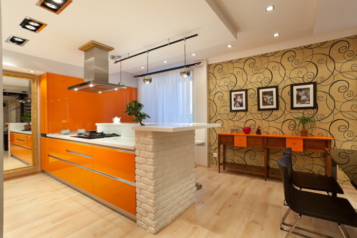 wallpaper in the interior of the kitchen in orange tones wallpaper in the interior of the kitchen in orange tones