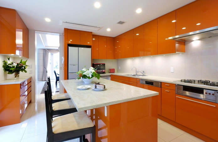 countertop in the interior of the kitchen in orange tones countertop in the interior of the kitchen in orange tones