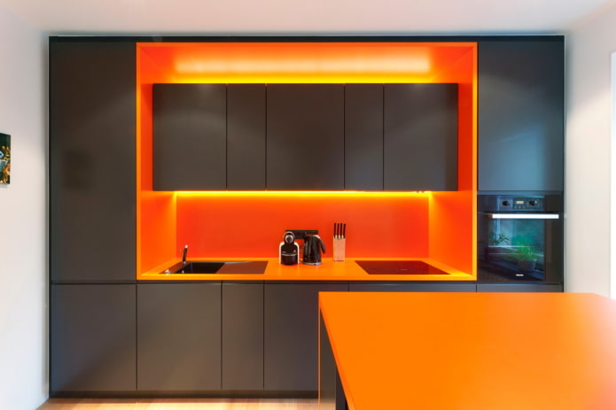 kitchen interior in black and orange colors kitchen interior in black and orange colors