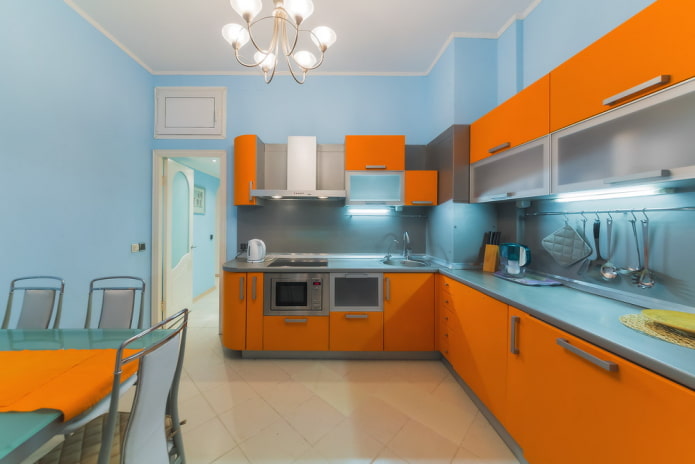 kitchen interior in orange and blue tones kitchen interior in orange and blue tones