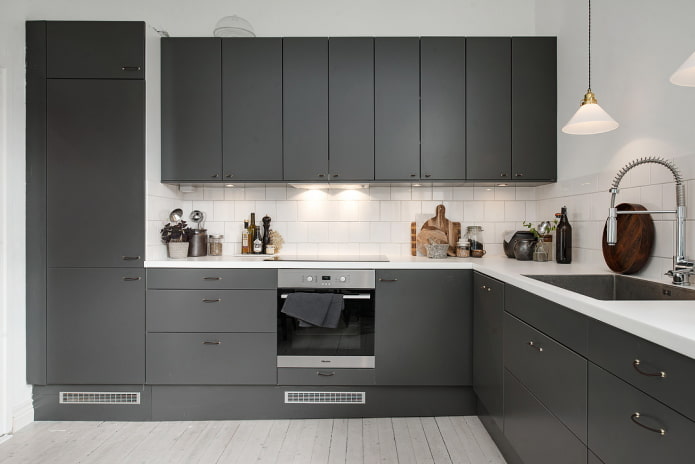 kitchen interior in gray and white colors