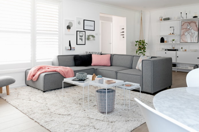 living room in white tones in Scandinavian style