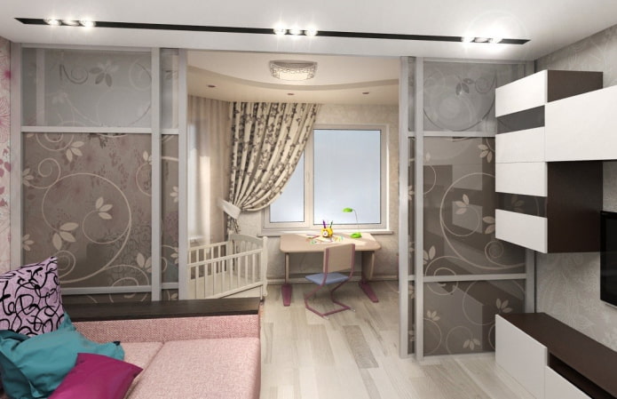 interior of a small living room combined with a nursery