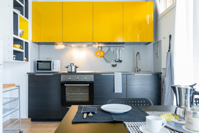 kitchen interior in black and yellow colors kitchen interior in black and yellow colors