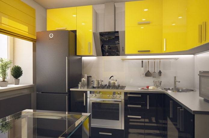 kitchen interior in black and yellow colors kitchen interior in black and yellow colors