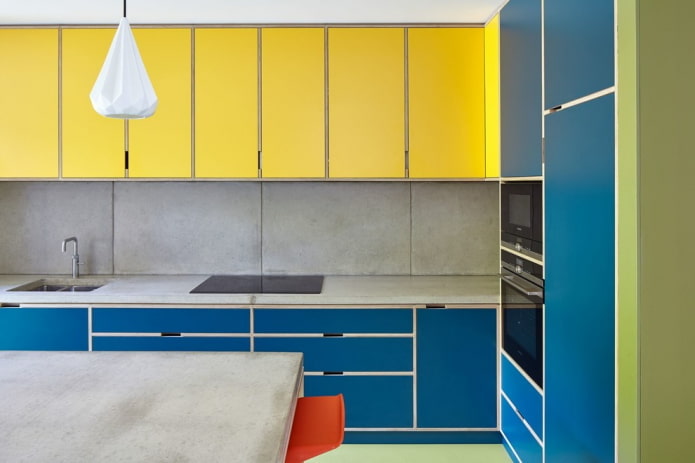 kitchen interior in yellow and blue tones kitchen interior in yellow and blue tones