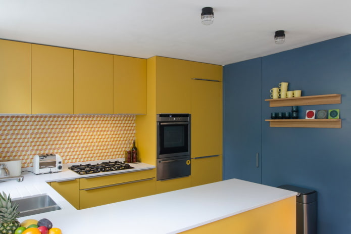 kitchen interior in yellow and blue tones kitchen interior in yellow and blue tones