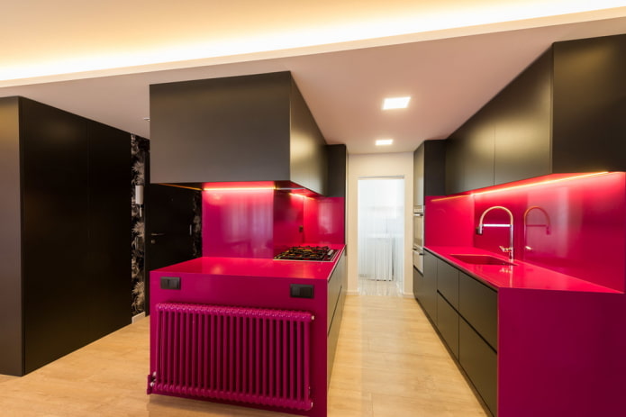 kitchen interior in black and pink colors