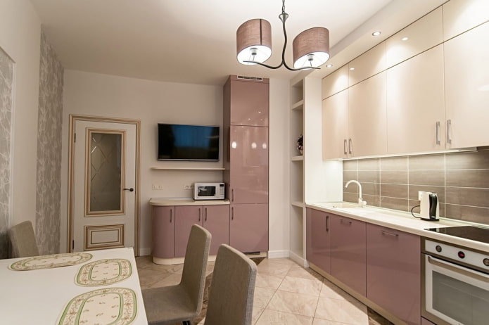 kitchen interior in beige and pink colors