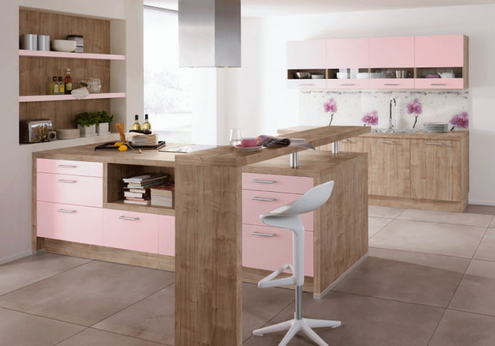 kitchen interior in beige and pink colors