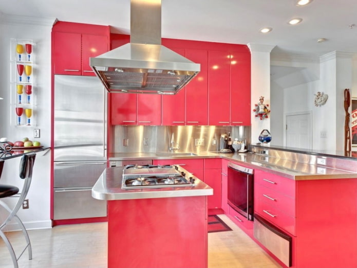furniture and appliances in the interior of the kitchen in pink tones