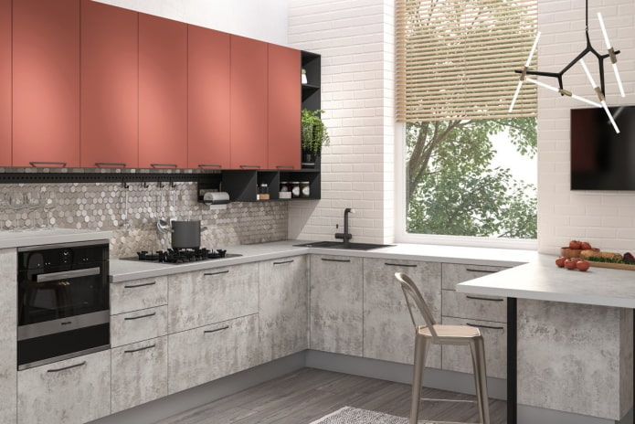 kitchen interior in gray-pink tones