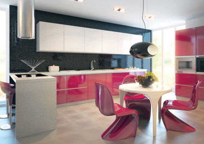 furniture and appliances in the interior of the kitchen in pink tones