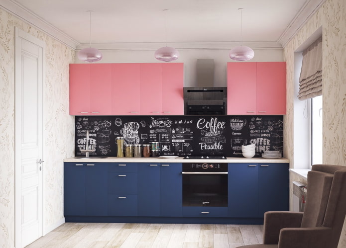 kitchen interior in pink and blue tones