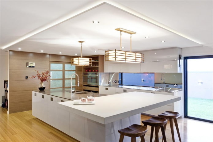 lighting and decor in the interior of the kitchen in Japanese style