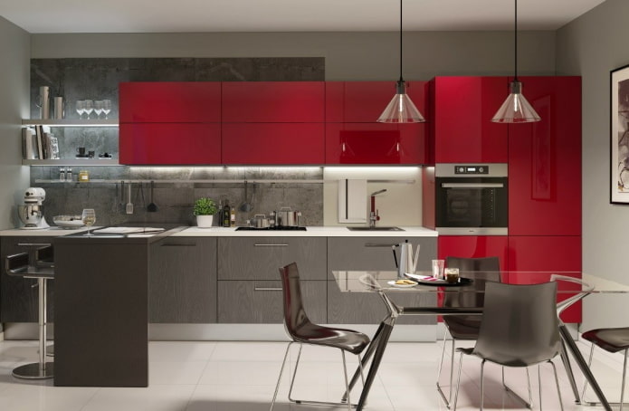 kitchen interior in gray-red tones kitchen interior in gray-red tones