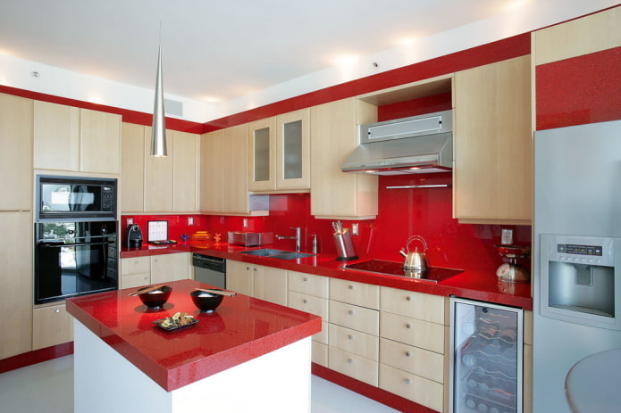kitchen interior in red and beige tones kitchen interior in red and beige colors