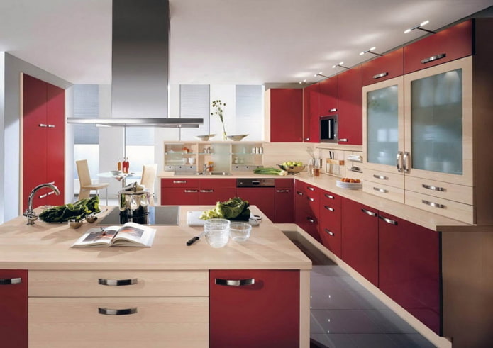 kitchen interior in red and beige tones kitchen interior in red and beige colors