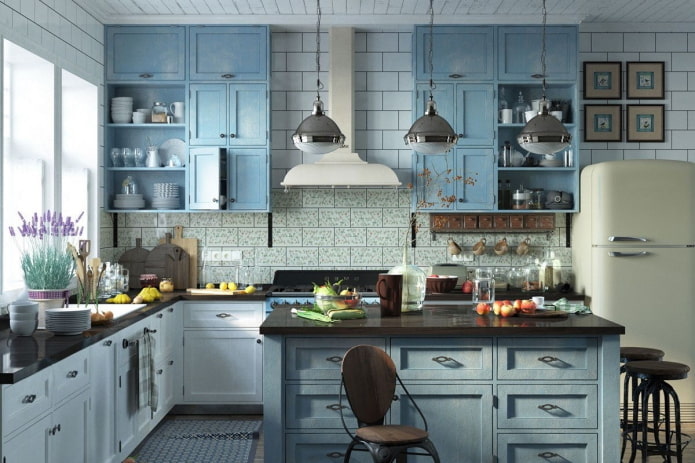Provence style in the interior of a blue kitchen