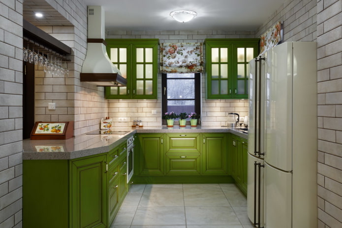 Provence style in the interior of a green kitchen