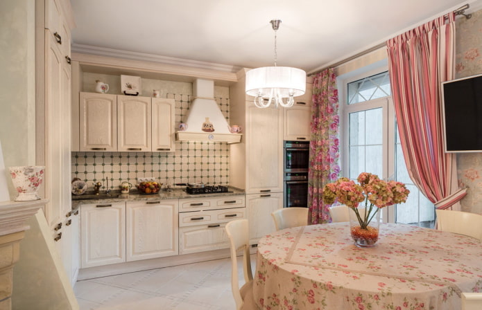 curtains and textiles in the interior of the kitchen in Provencal style