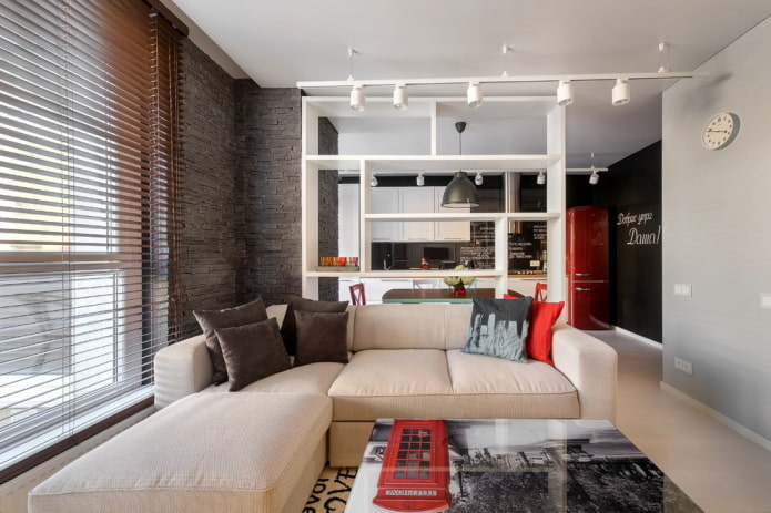 zoning with a rack in the interior of the kitchen-living room