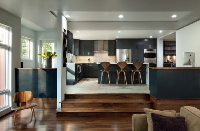zoning with multi-level structures in the interior of the kitchen-living room