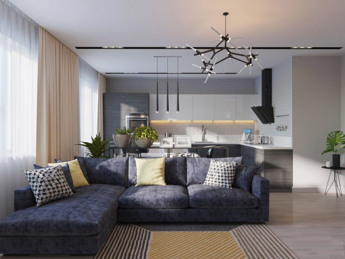 sofa zoning in the interior of the kitchen-living room