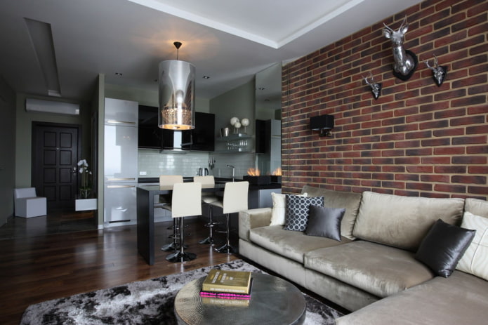 zoning with finishing materials in the interior of the kitchen-living room