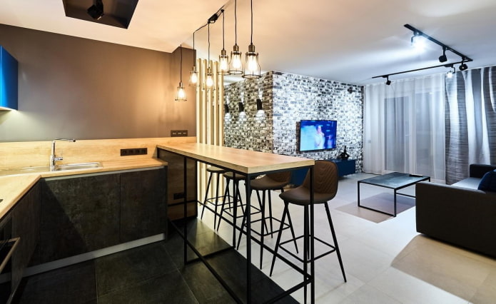 color zoning in the interior of the kitchen-living room