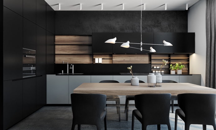 kitchen interior in gray and black colors