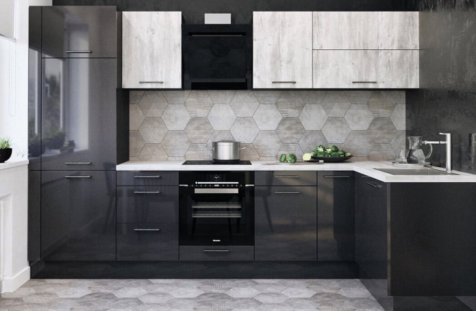 kitchen interior in gray and black colors