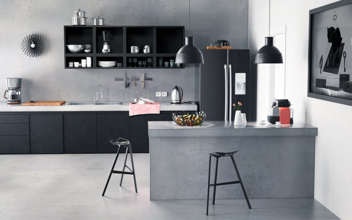 kitchen interior in gray and black colors