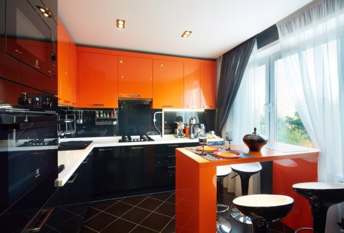 kitchen interior in black and orange colors