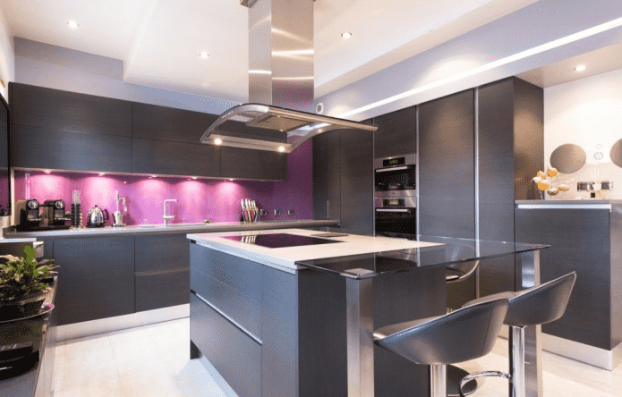 kitchen interior in black and purple tones