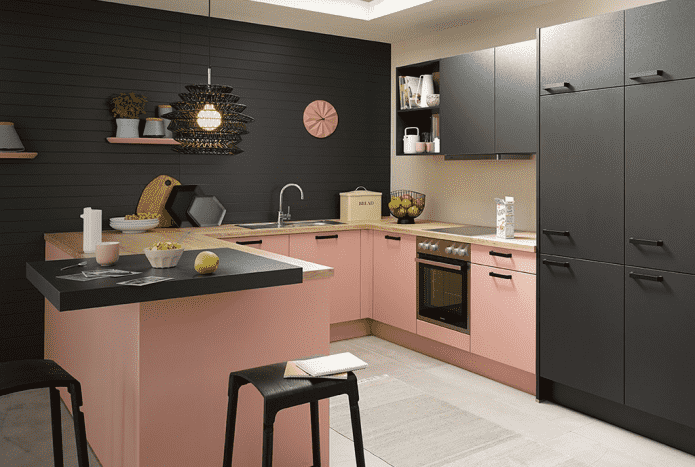 kitchen interior in black and pink colors