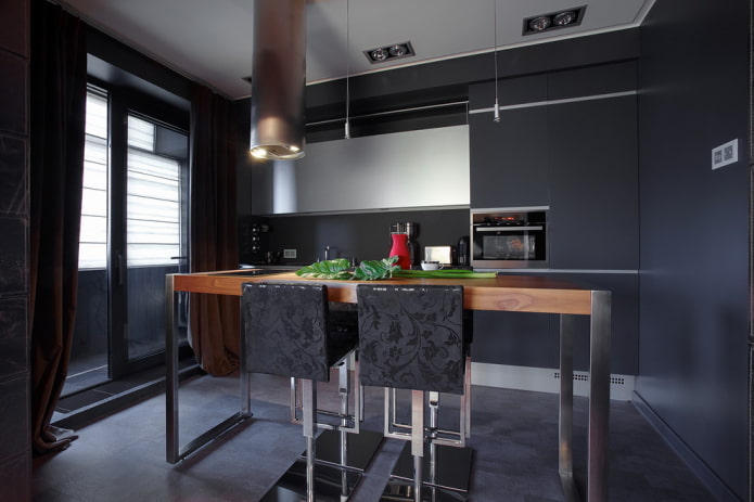 dining group in the interior of the kitchen in black tones