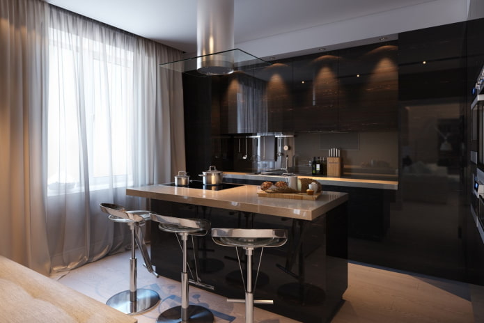 curtains in the interior of the kitchen in black colors