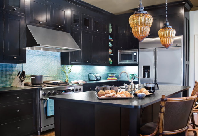 black headset and blue apron