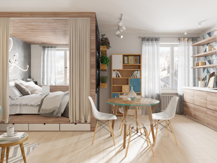 sleeping place behind the curtains in the interior of the kitchen sleeping place behind the curtains in the interior of the kitchen