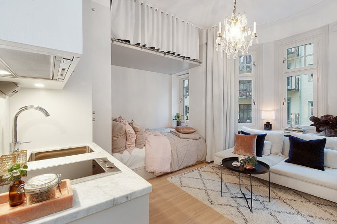 interior of a small kitchen-bedroom interior of a small kitchen-bedroom