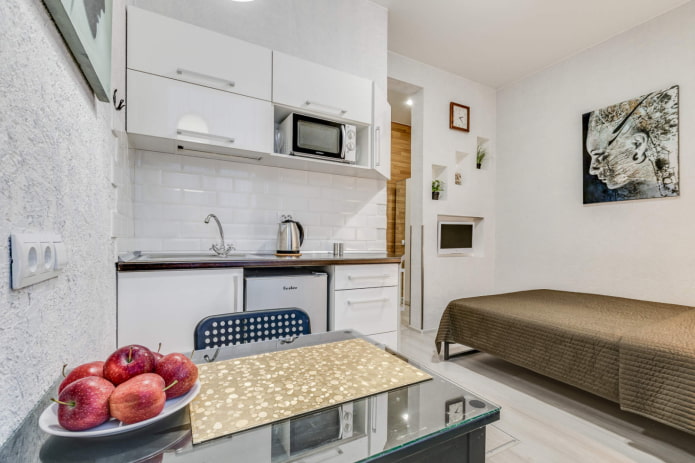 interior of a small kitchen-bedroom interior of a small kitchen-bedroom