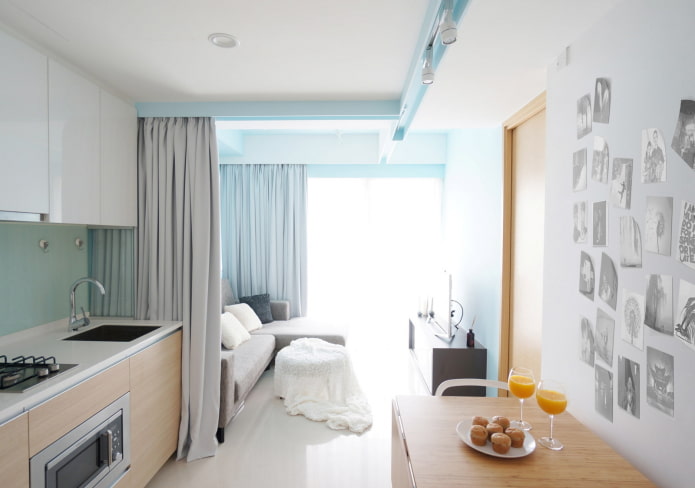 sleeping place behind the curtains in the interior of the kitchen sleeping place behind the curtains in the interior of the kitchen