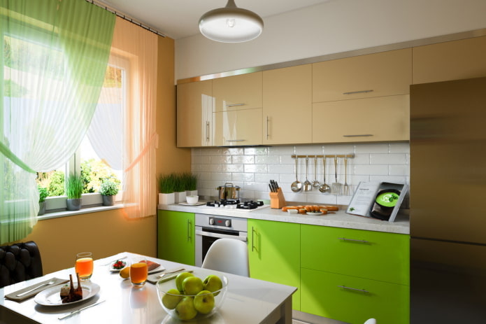 kitchen interior in beige and light green colors