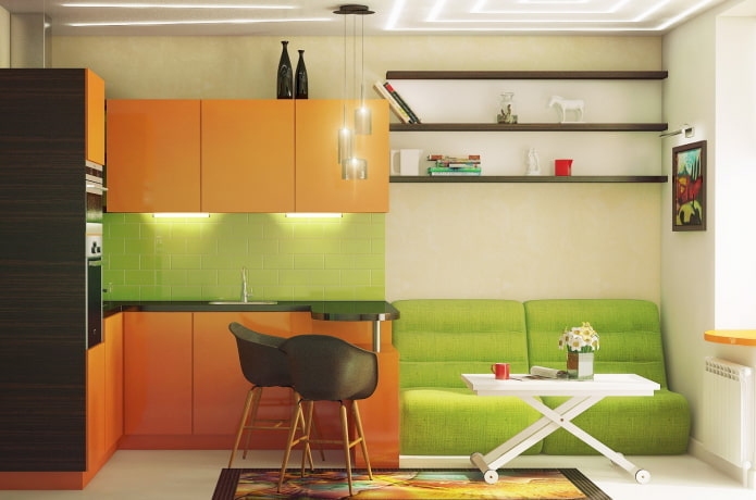 kitchen interior in orange and light green tones